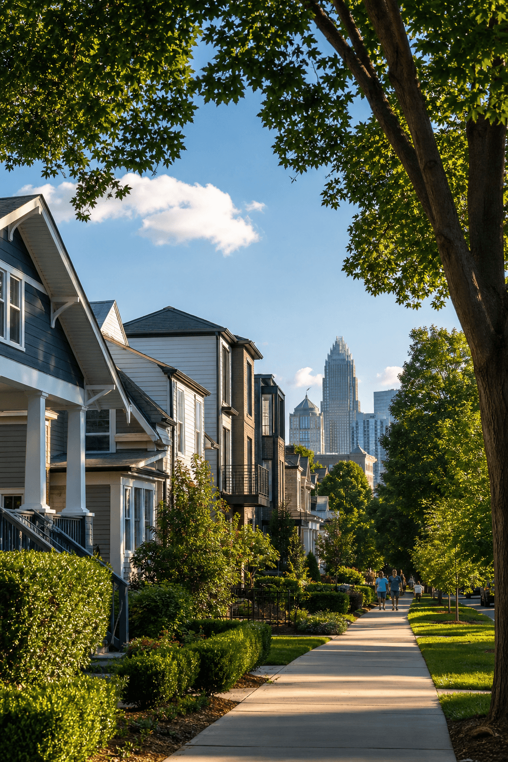 Charlotte neighborhood with Uptown skyline beyond the homes